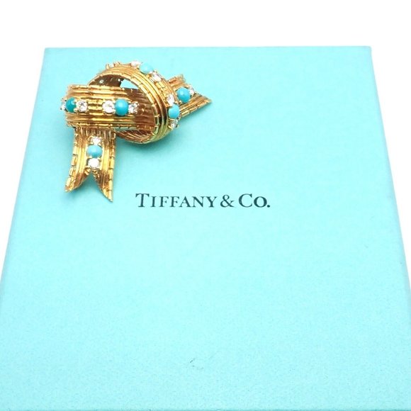 Vintage Tiffany & Co. 18k Yellow Gold Diamond Turquoise Bamboo Bow Pin Brooch - Picture 4 of 11